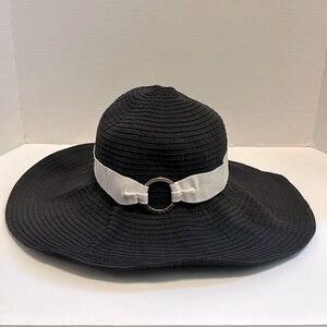 Lauren Ralph Lauren Floppy Sun Hat Black with White‎ Band & Gold Hardware Size M